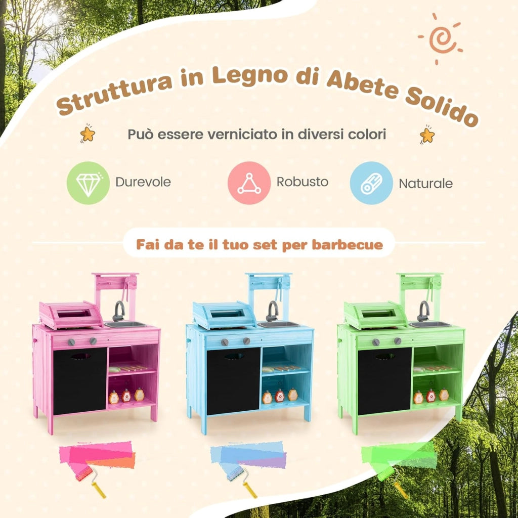 Cucina Giocattolo per Giardino Set di Griglia per Barbecue, Cucina per Bambini in Legno di Abete con Lavagna e Lavello, Set Cucina con 25 Accessori BBQ, 69 x 40 x 90 cm, per Bambini 3+ Anni