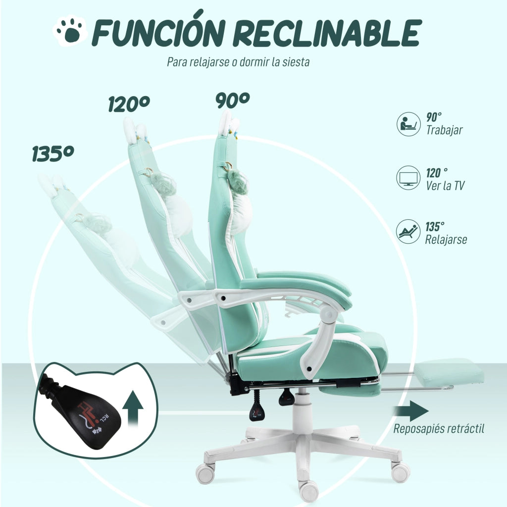 Sedia Gaming Reclinabile con Poggiapiedi Retrattile e Supporto Lombare ¨C zephmum ¨C Verde Menta