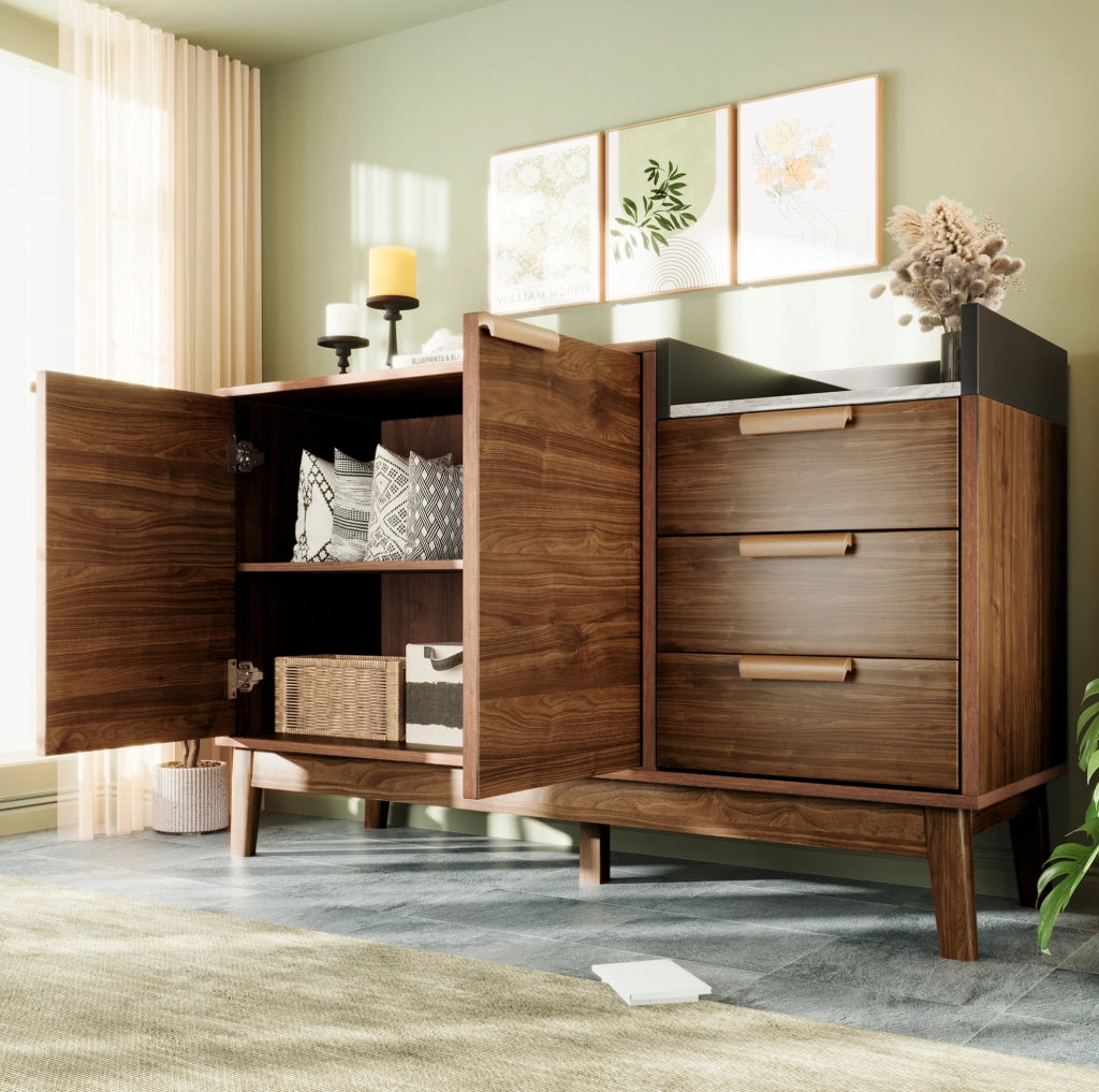 Comò 120x40x77 cm in MDF effetto rovere con 3 cassetti e doppia anta