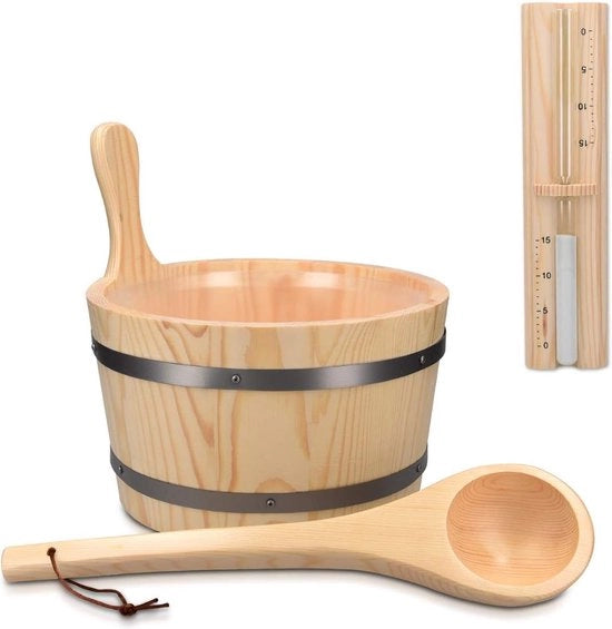 Emicemmer in legno con cucchiaio, zappatrice, 5 litri, sauna, ciotola con pezzo di plastica, emicemmer per sauna, set di emicemmer, Ø 27,5 cm, emicemmer in legno di faggio