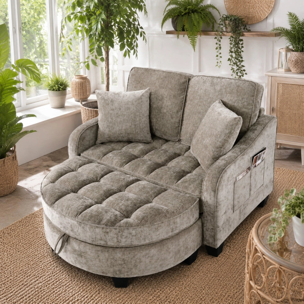 Divano letto 2-in-1 con pouf contenitore; struttura in eucalipto; marrone