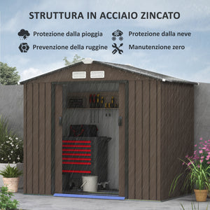 Casetta Box Da Giardino 2,1x1,3m con Prese d'Aria e Doppia Porta Scorrevole in Metallo Marrone