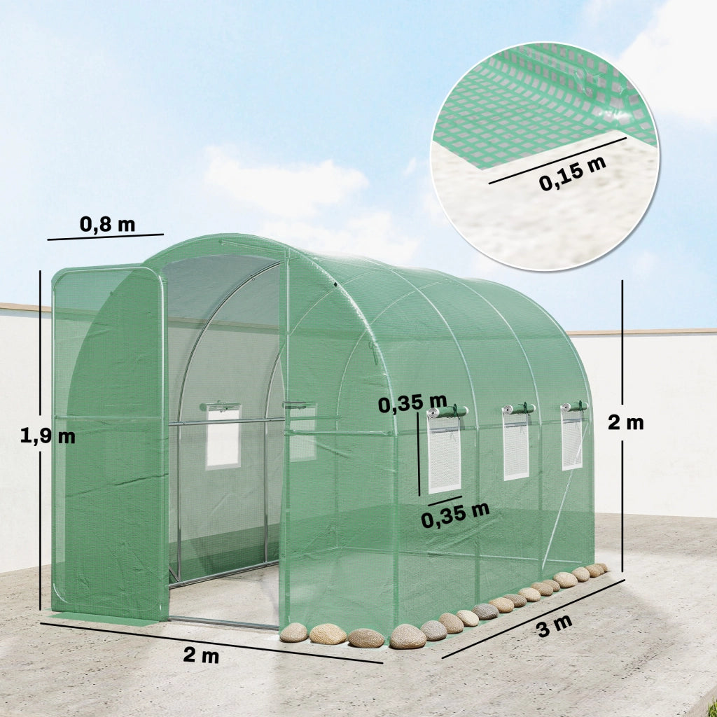 Serra da giardino 3x2x2 m ¨C Minimal ¨C con 6 finestre a rete e porta bloccabile