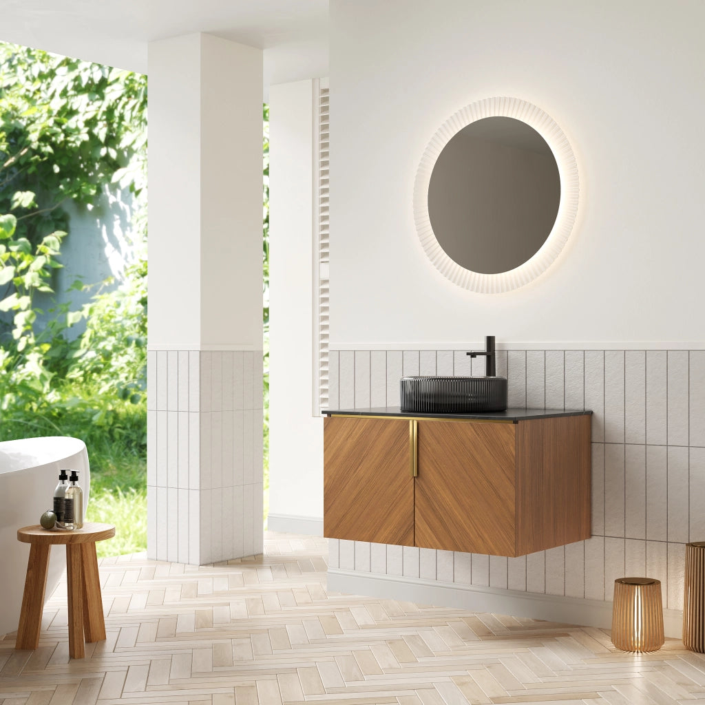 Mobile sottolavabo da bagno con 2 ante, lavabo tondo in vetro nero, piano in pietra sinterizzata, in compensato, nero marrone, 76 × 50 × 52,6 cm