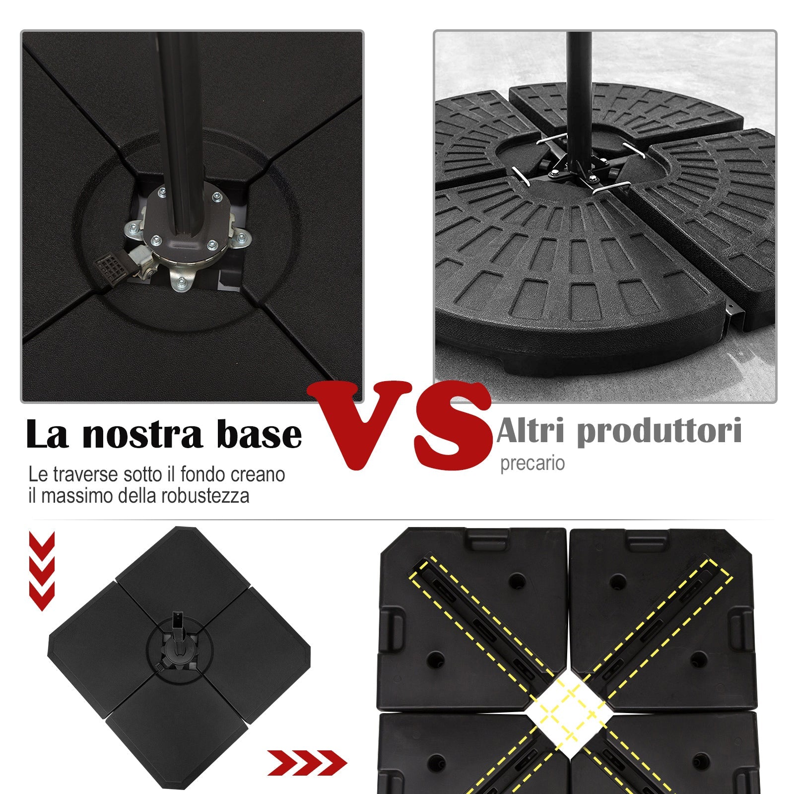 Base per Ombrellone 4 Pezzi Riempibili per Basi a Croce da 100x100 cm Nero