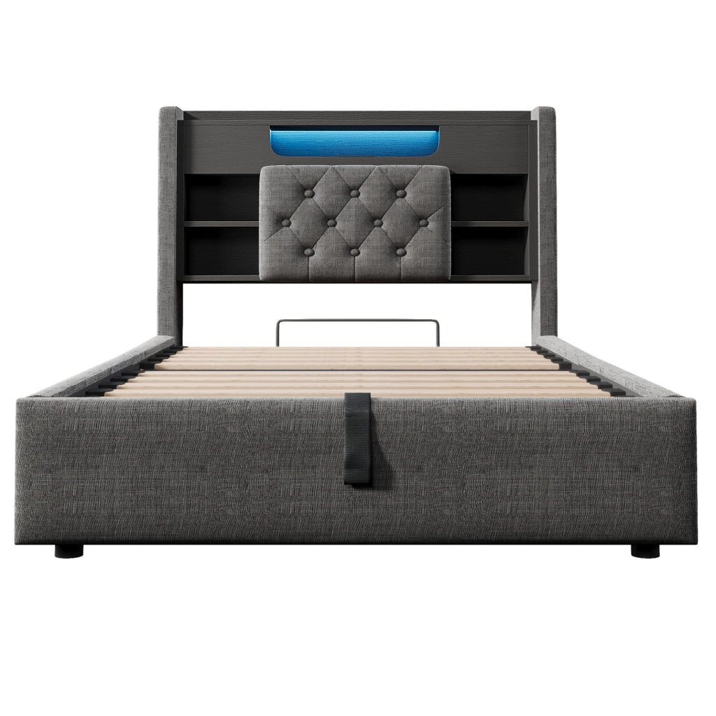 Letto singolo 90x200 cm con contenitore idraulico; LED e porte USB; in lino grigio