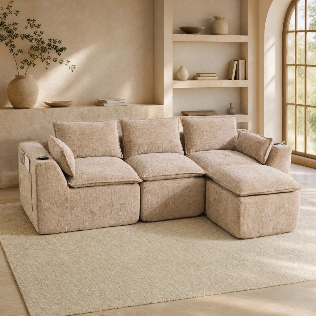 Divano modulare con pouf; cuscini e tasche laterali; chenille khaki; 256x161x75 cm