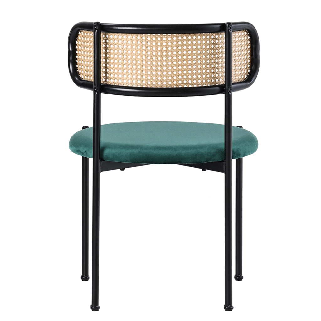 Set di 4 sedie da pranzo in velluto verde con schienale in rattan e gambe in metallo