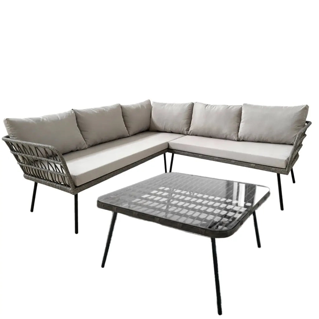 Set da giardino angolare RATTANIA in rattan grigio 5 posti con cuscini e tavolo