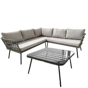 Set da giardino angolare RATTANIA in rattan grigio 5 posti con cuscini e tavolo