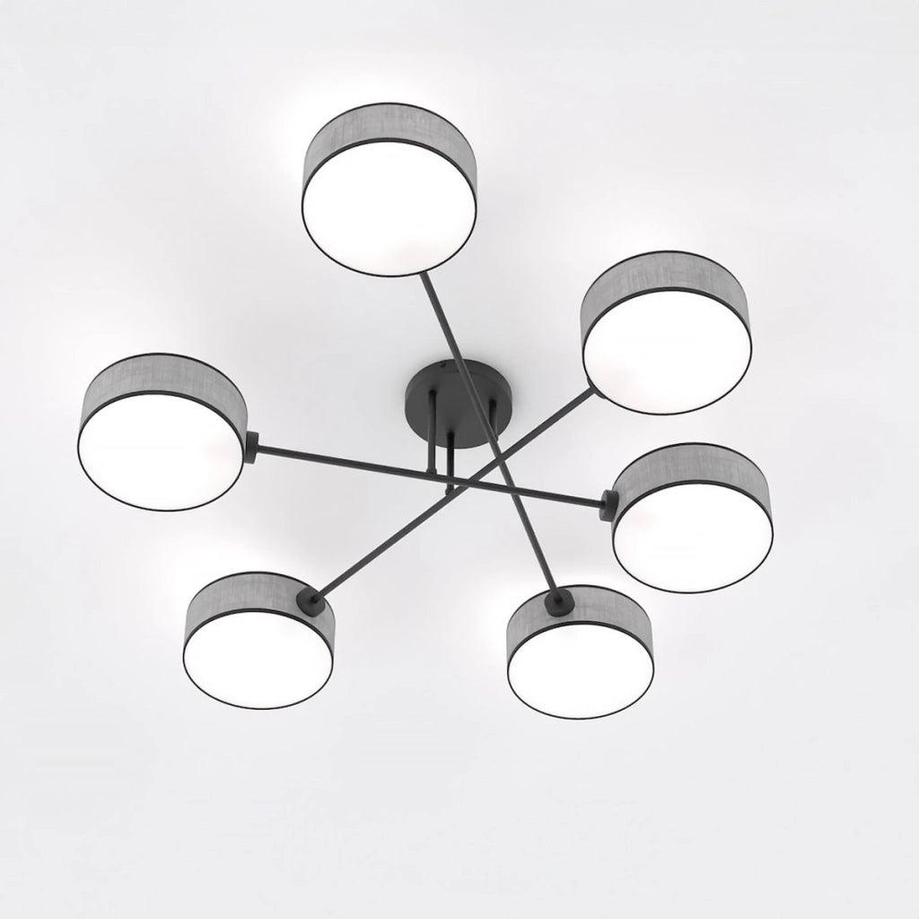 Lampada a sospensione Maga a sei bracci in acciaio nero e tessuto grigio