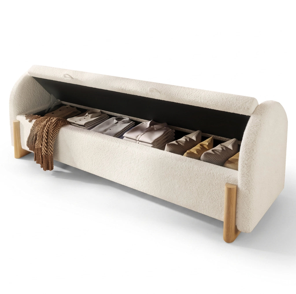 Panca contenitore imbottita 166x47x61 cm in bouclé bianco con struttura in legno
