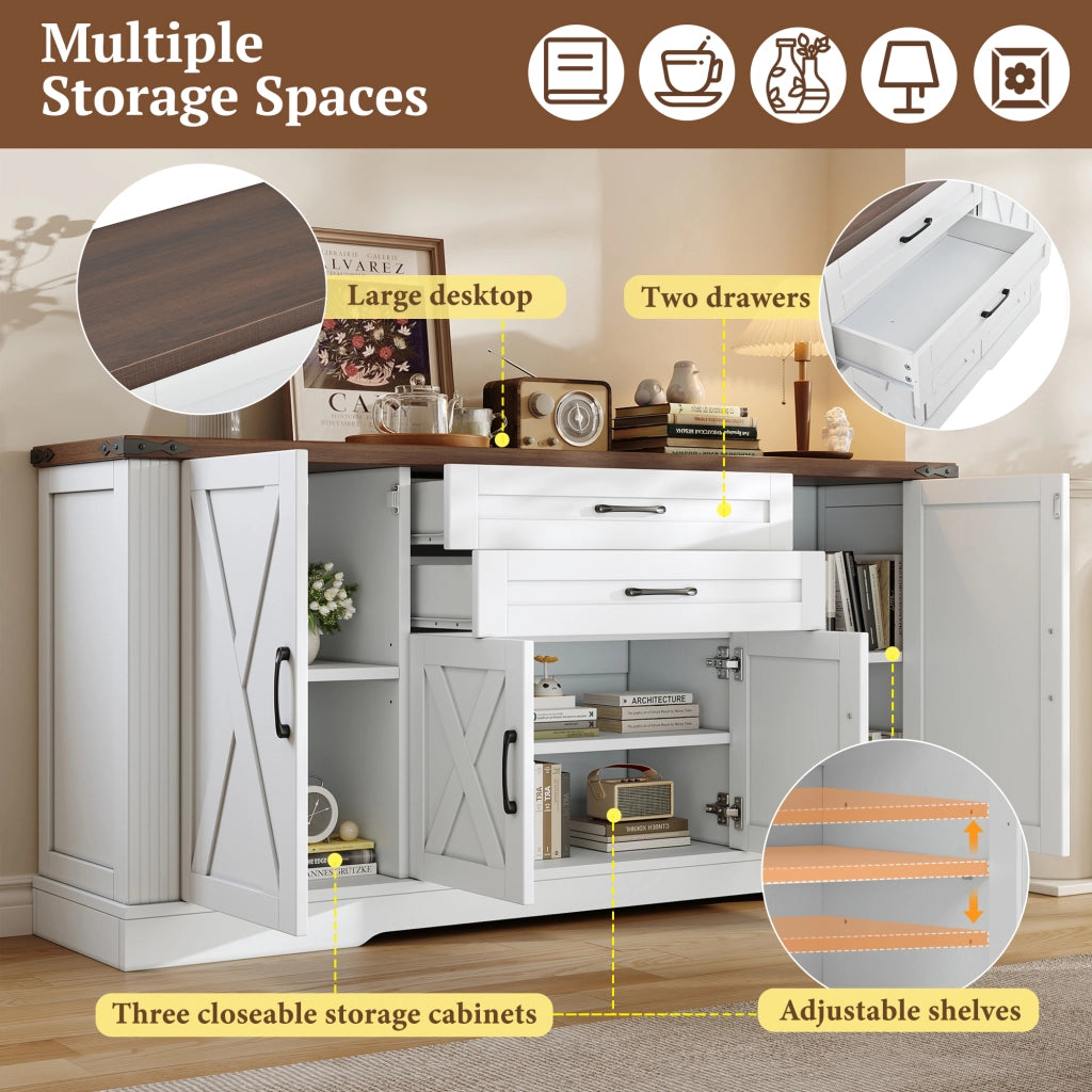 Madia con 4 ante 2 cassetti e ripiani regolabili per cucina soggiorno e ingresso bianco e noce 160 × 39 × 81,5 cm