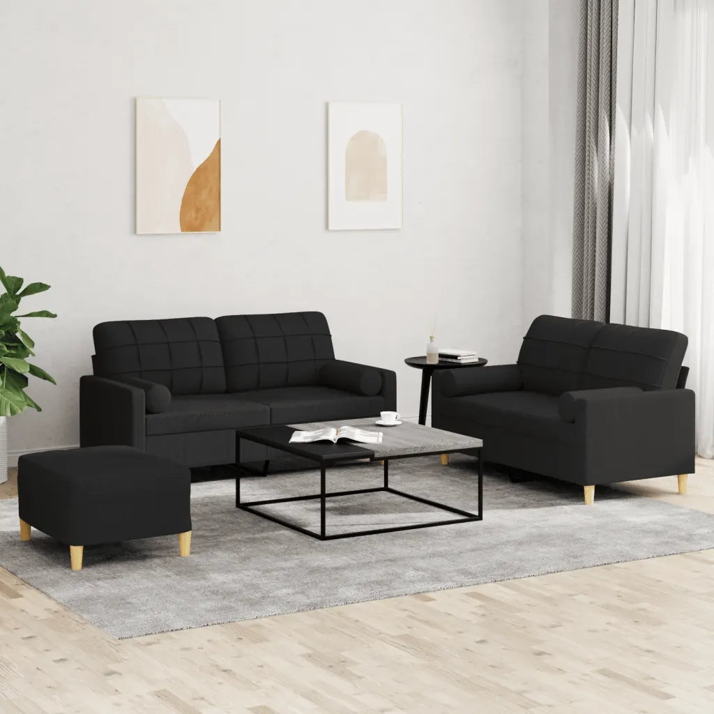 Set Divani 3 pz con Cuscini Nero in Tessuto