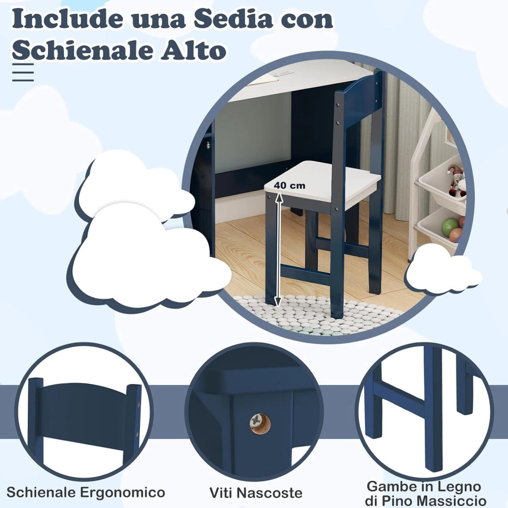 Set Scrivania e Sedia per Bambini 3+ Anni per Studio e Lettura, Blu | Banco Scuola con Sedia Ergonomica, Lavagna Bianca, Pennarello, Armadietto e Bacheca, Postazione Computer per Cameretta