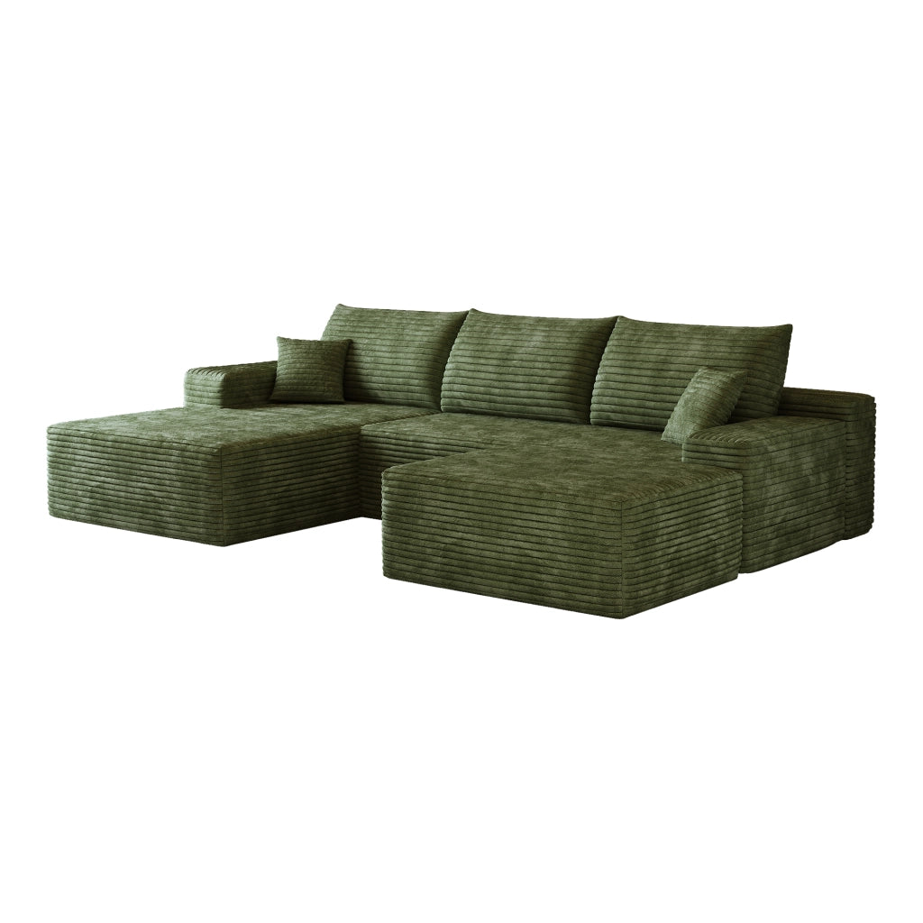 Divano angolare modulare con chaise longue; schiuma ad alta elasticità; in velluto a coste verde