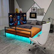 Letto in ferro nero con supporto monitor regolabile; LED e cestino portaoggetti