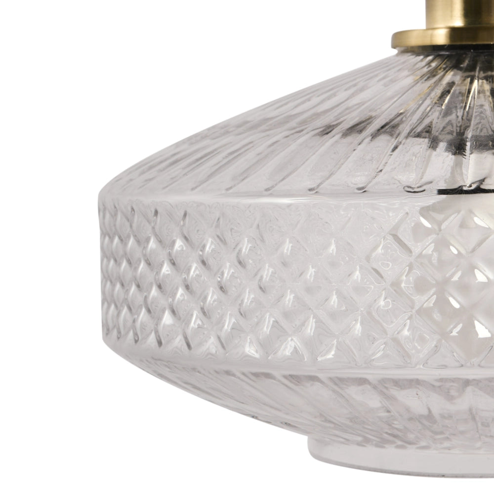 Lampada a sospensione con paralume in vetro trasparente e base in metallo dorato effetto cristallo stile moderno e glamour