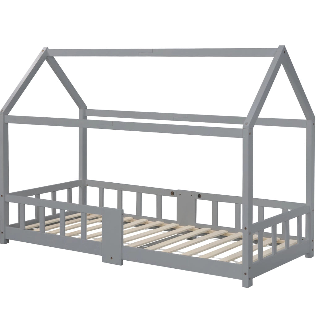 Letto a casetta per bambini 90x200 cm in legno di pino grigio; con lavagna e sponda anticaduta