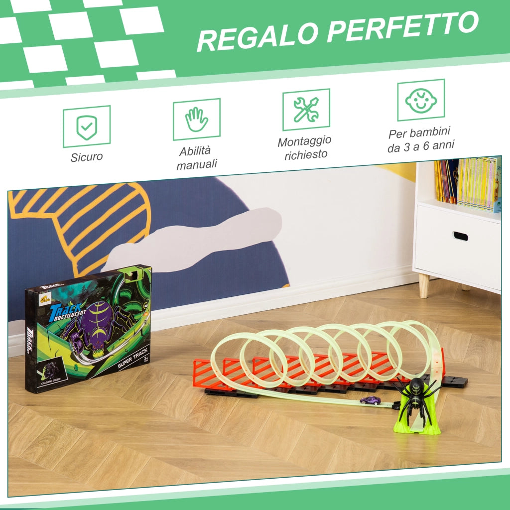 Pista per Macchinine con Effetti Luminosi e Automobilina Inclusa, Gioco per Bambini da 3-6 Anni, Verde e Rosso