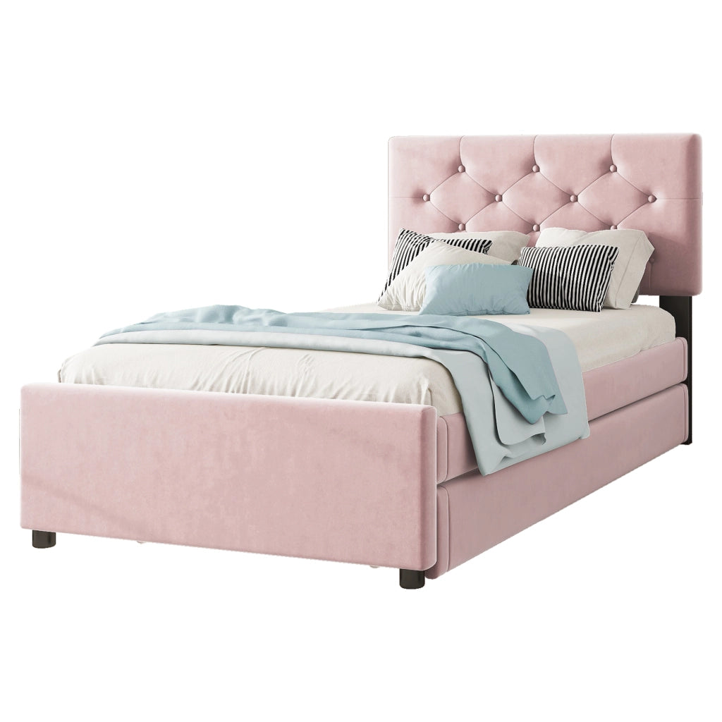 Letto Imbottito Singolo con Rete a Doghe e Contenitore ¨C MINIMAL ¨C Velluto Rosa 90x200