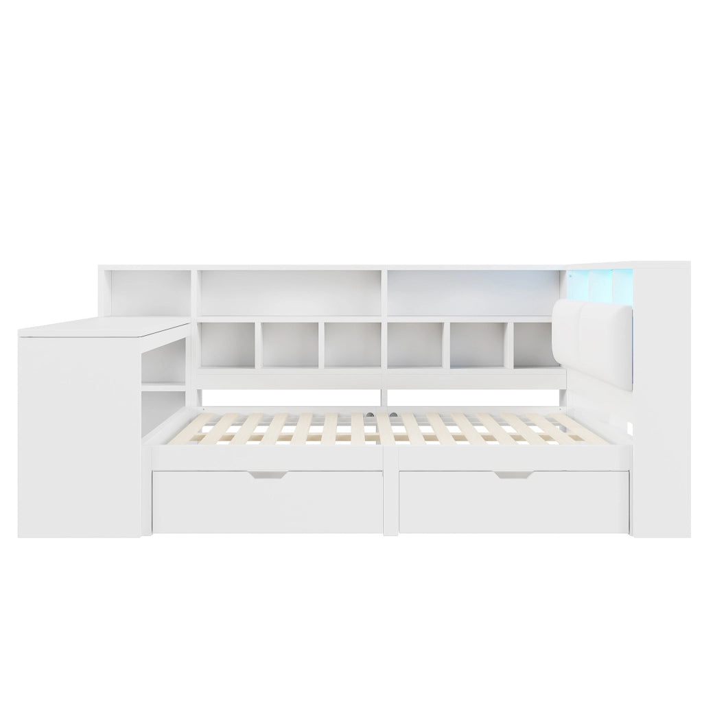 Letto a piattaforma a L 140x200 cm con scrivania; libreria; LED e USB; bianco
