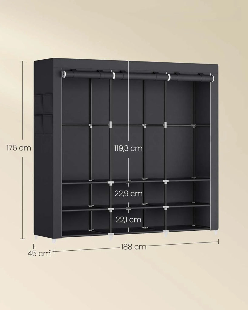 Armadio per camera da letto in tessuto appendiabiti 45 x 127 x 176 cm 2 scomparti appendiabiti con ripiani 4 tasche grande capacità per camera da letto/soggiorno nero 12_0003968