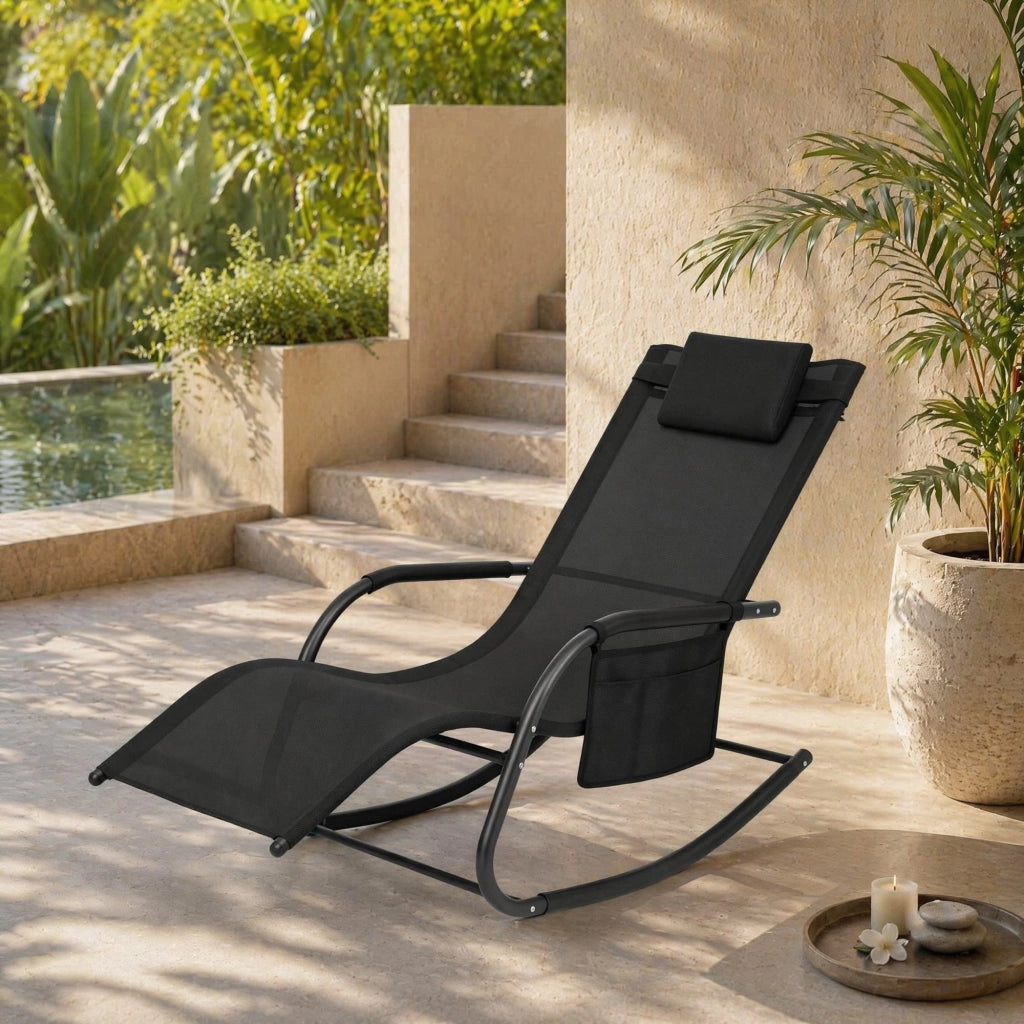 Poltrona da giardino a dondolo in poliestere nero con struttura in metallo e tasca laterale per terrazza e balcone