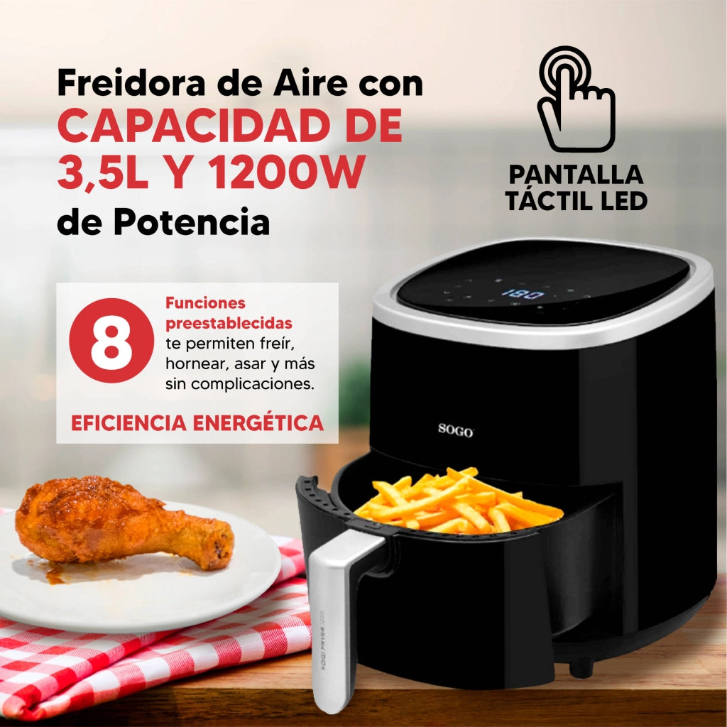 Friggitrice ad aria 3,5L con 8 programmi, temperatura 80-200°C e timer 60 min 1200W con display touch e ricettario - Sogo