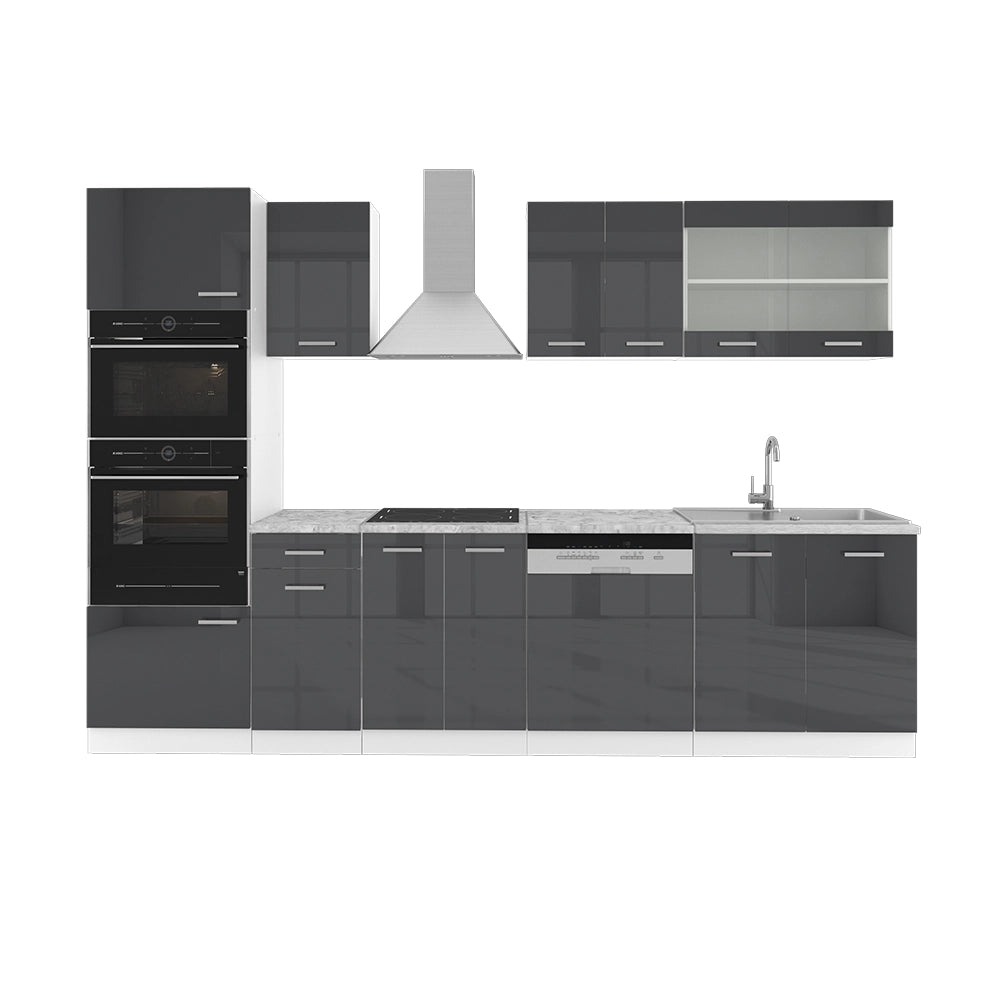Vicco Cucina componibile Antracite lucido/bianco 300 cm con armadio alto, senza piano di lavoro