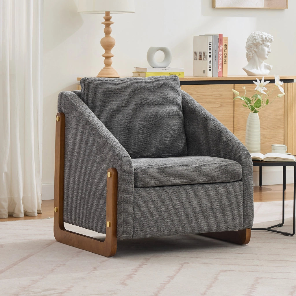 Poltrona Lounge con Braccioli e Cuscino ¨C MINIMAL ¨C Grigio, Tessuto Chenille, Gambe in Legno