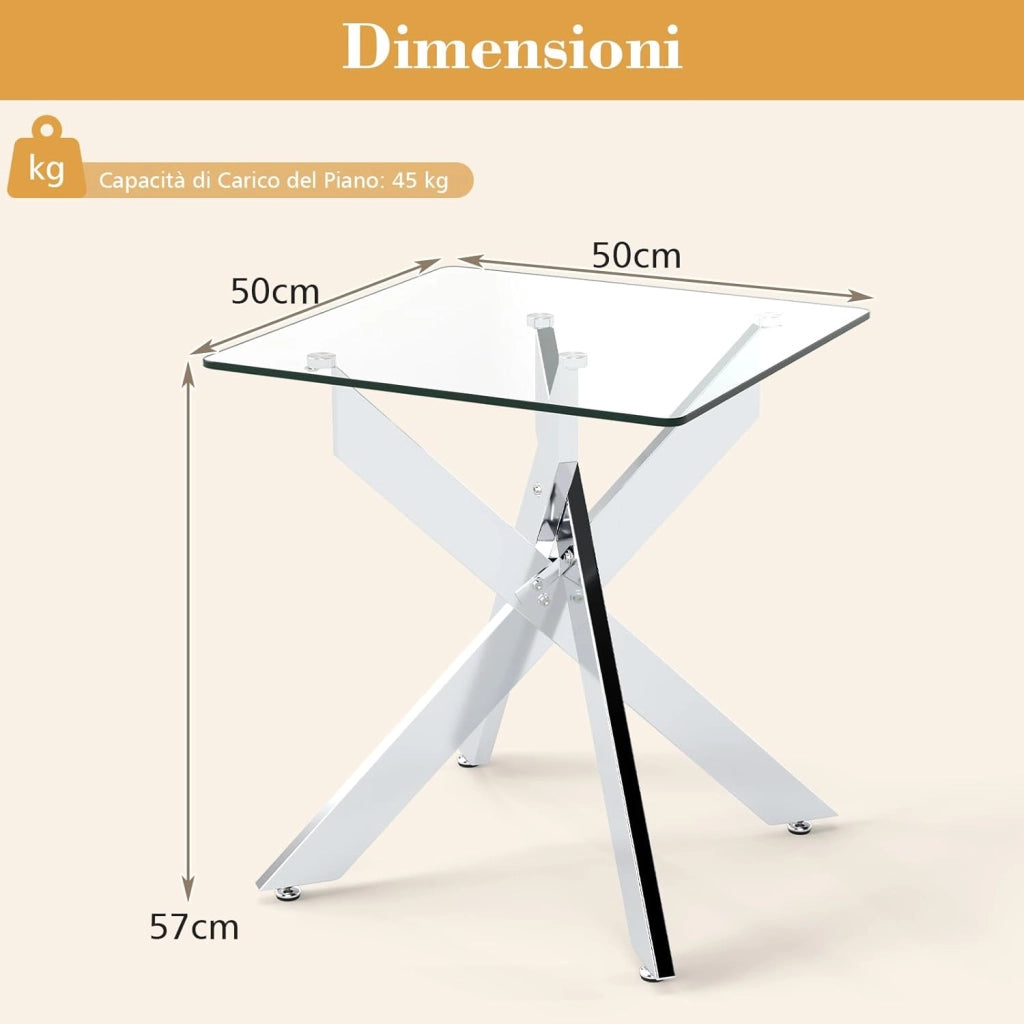 Tavolino Laterale in Vetro, Tavolino Moderno Quadrato con Piano in Vetro Temperato e Base a X in Metallo, Tavolo per Spazi Ristretti, per Soggiorno e Camera da Letto