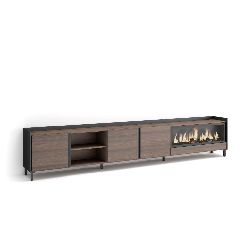 Mobile TV Soggiorno, 315x61x35 cm, Per TV fino a 80", Camino elettrico XXL, Design industriale, Rovere scuro e Nero