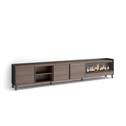 Mobile TV Soggiorno, 315x61x35 cm, Per TV fino a 80", Camino elettrico XXL, Design industriale, Rovere scuro e Nero