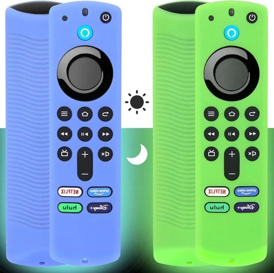 Copricapo in silicone per telecomando Fire TV Stick 4K - Luminoso - Con cinturino in gomma - Set da 2 - Verde e Blu