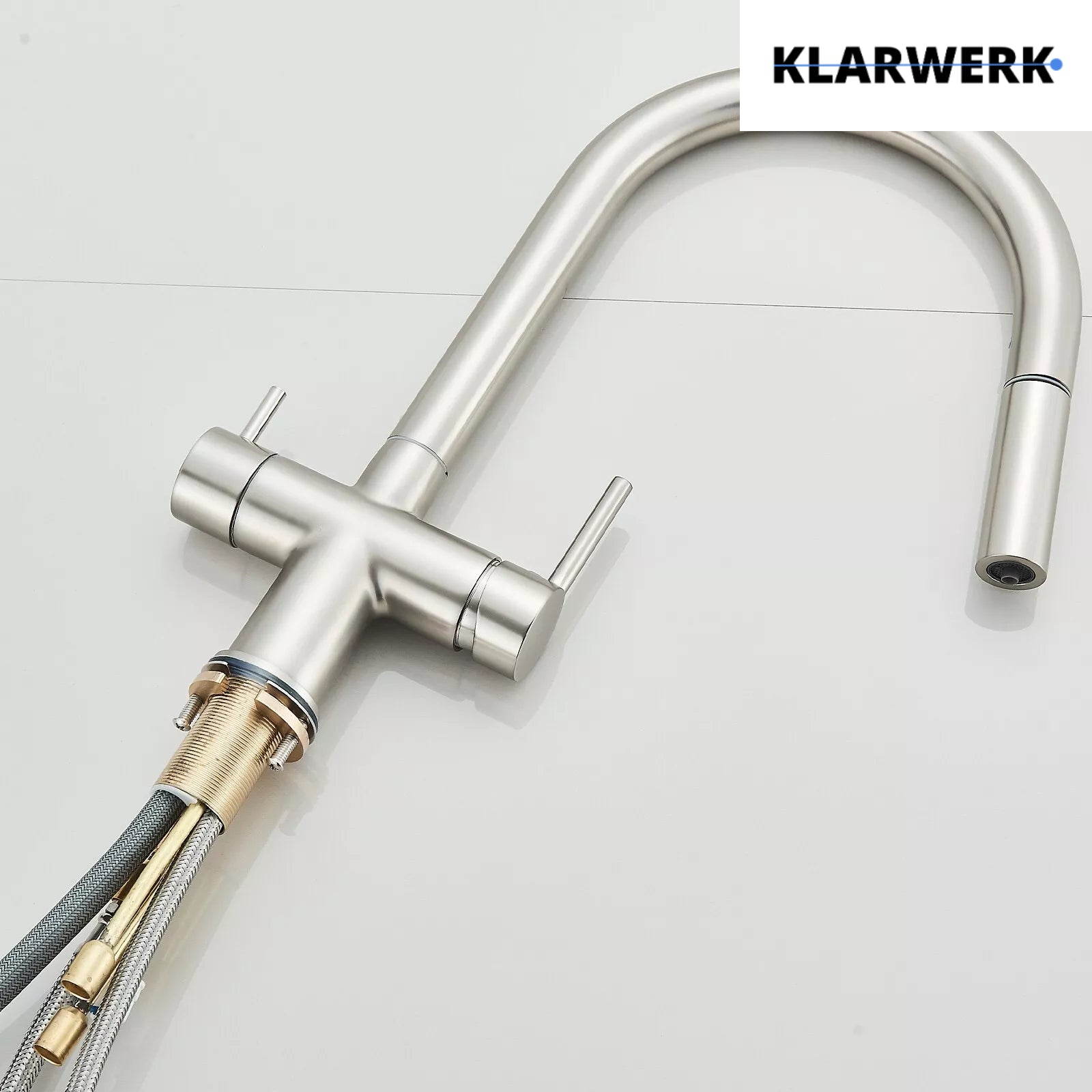 Jana | Rubinetto estraibile 3 vie premium argento spazzolato | osmosi in acciaio inox cucina | miscelatore 360 gradi | filtro 3 attacchi gomito alto