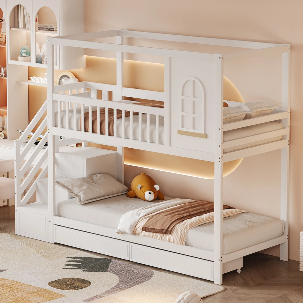 Letto a castello funzionale in legno bianco 90x200 cm