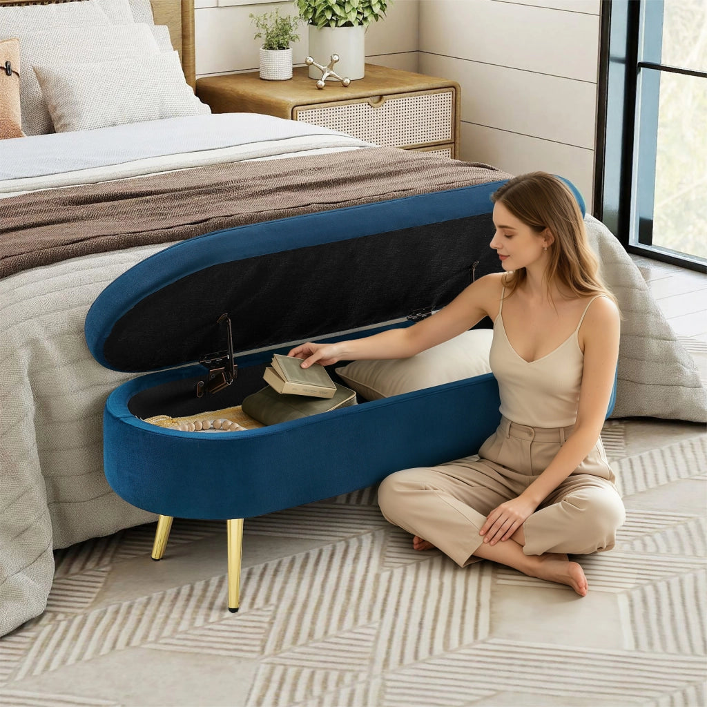 Banc con contenitore in velluto blu con coperchio ammortizzato struttura in legno e gambe in metallo 110 × 40 × 42 cm