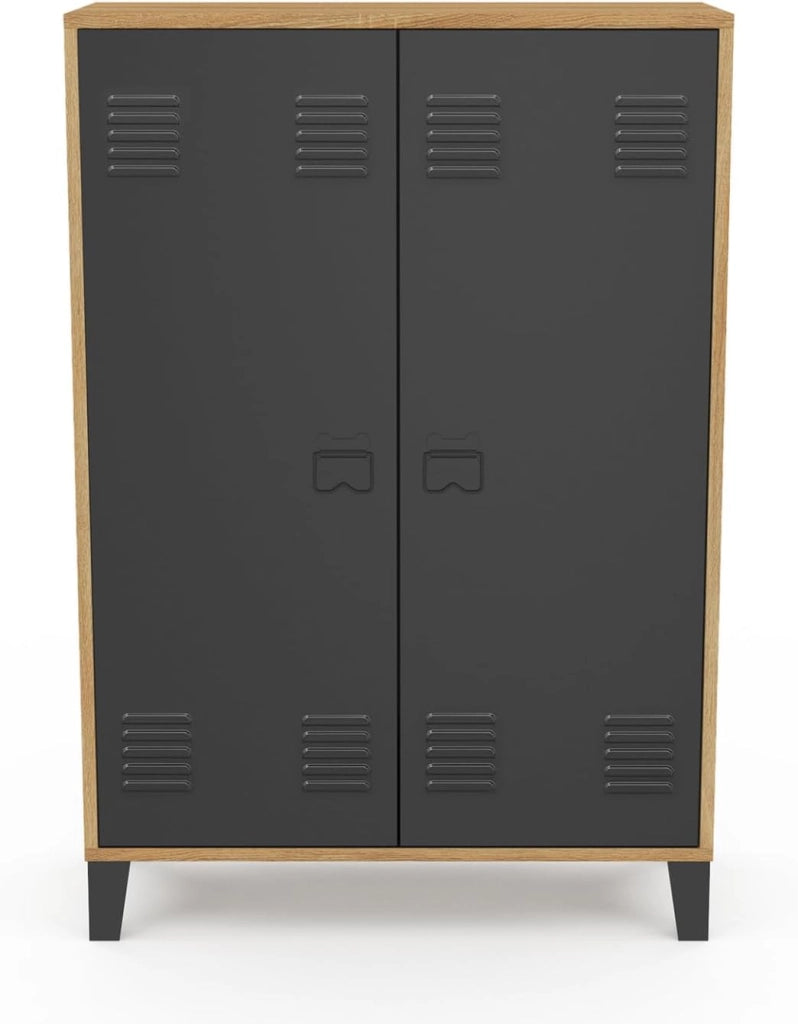 ESTER Mueble de café de 2 puertas de metal negro con marco de madera de diseño industrial
