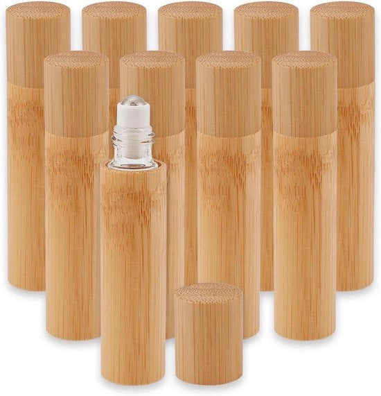 Confezione da 10 fusti in bambù da 10 ml per applicazione roll-on per oli essenziali - Contenitore riciclabile per gloss labbra da viaggio - Manico in acciaio inossidabile per applicazione roll-on