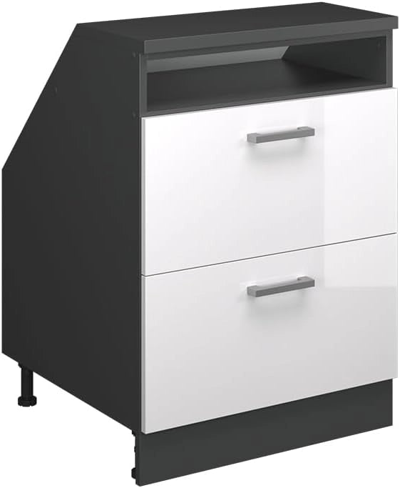 Mobile sottotetto Rion, Bianco lucido, 60 x 81.6 cm con 2 cassetti, carcassa 60 cm profondità, adatto per il salvaspazio sotto tetti spioventi