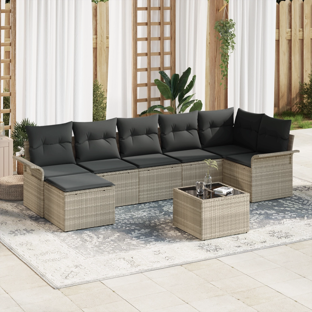 Set Divano Giardino 8 Pezzi con Cuscini Grigio Polirattan