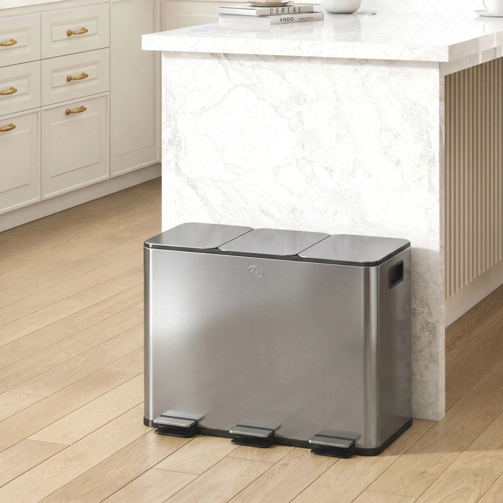 Pattumiera da cucina 3 scomparti ¨C Xylo ¨C 60L raccolta differenziata argento 61,9x36,6x56,7cm