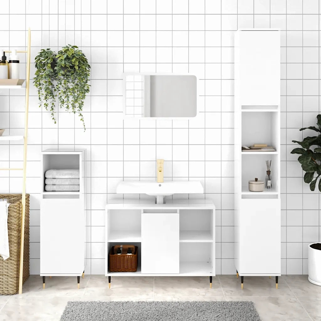 Armadietto Bagno | Armadio da bagno Bianco Lucido 80x33x60cm in Legno Multistrato