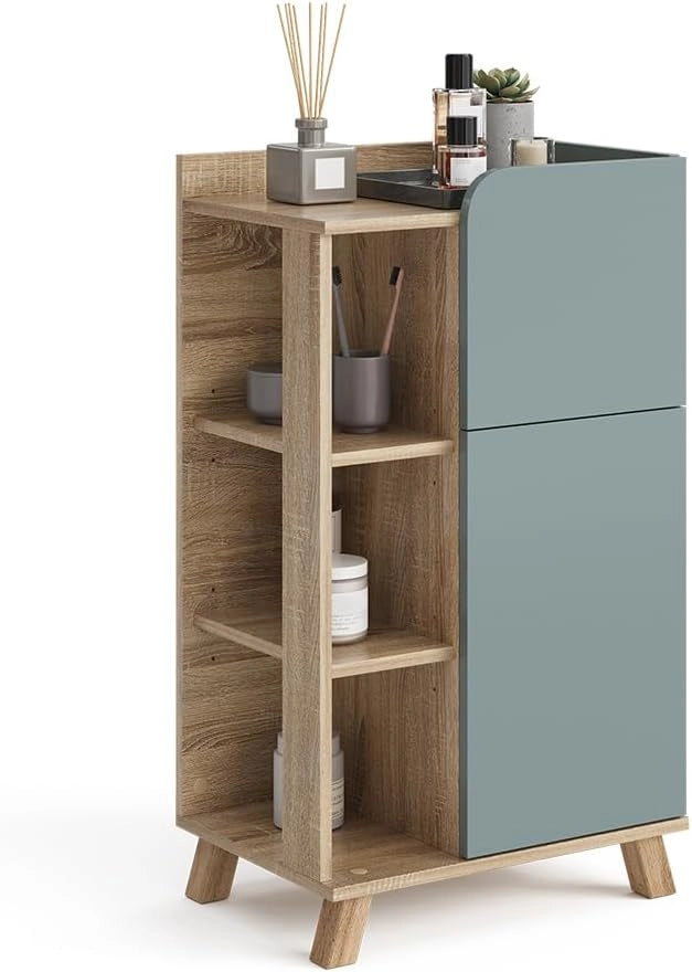 Mobiletto bagno Karen, Sonoma/blu, 50 x 90 cm con anta e cassetto, adatto per la conservazione di articoli da bagno e asciugamani