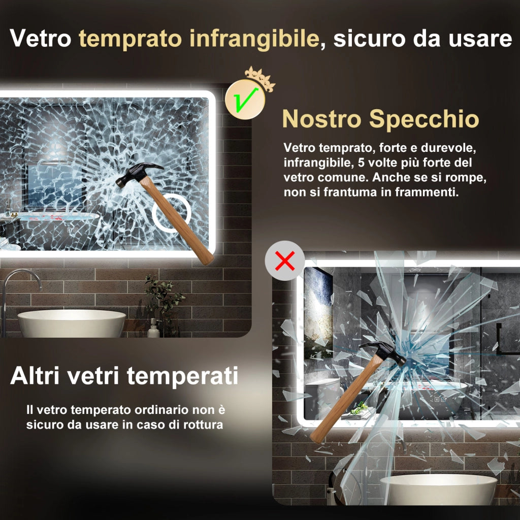 specchio rettangolare 100x60 cm con luce dimmerabile a 3 colori, bluetooth, antiappannamento e ingranditore 3x