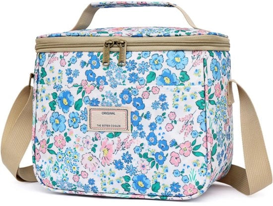 Tas a Isolamento per Picnic Grande con Disegno di Fiori e Cinturino Regolabile (7,5L, Bianco e Blu)