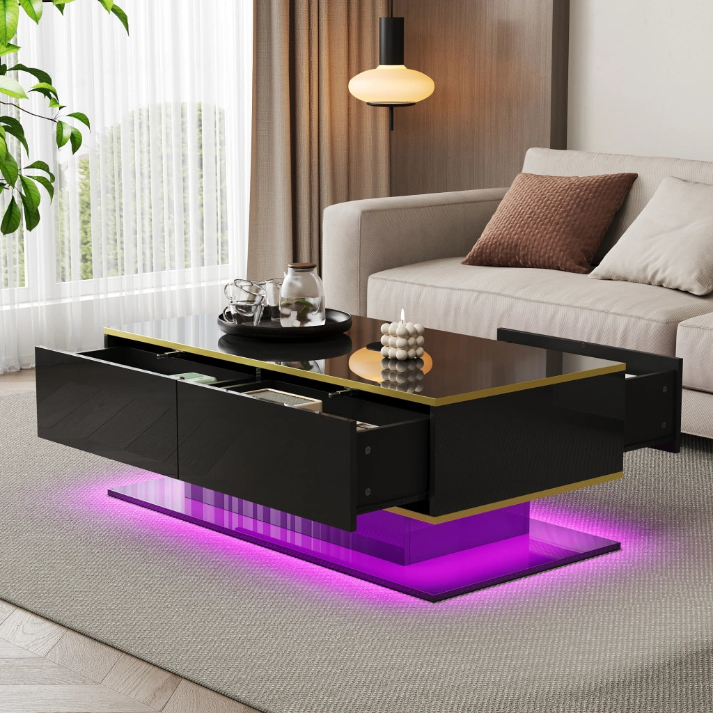 Tavolino da caffè 100x50x40 cm; con LED e 3 cassetti; finitura lucida; truciolato; nero e oro