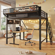 Letto a soppalco per bambini 140x200 cm; in metallo con vani portaoggetti integrati e spazio inferiore aperto; nero