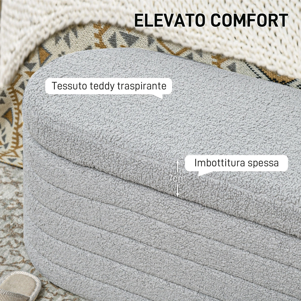 Panca Contenitore Fondo Letto 116x41x40,5 cm in Tessuto Teddy Grigio Chiaro